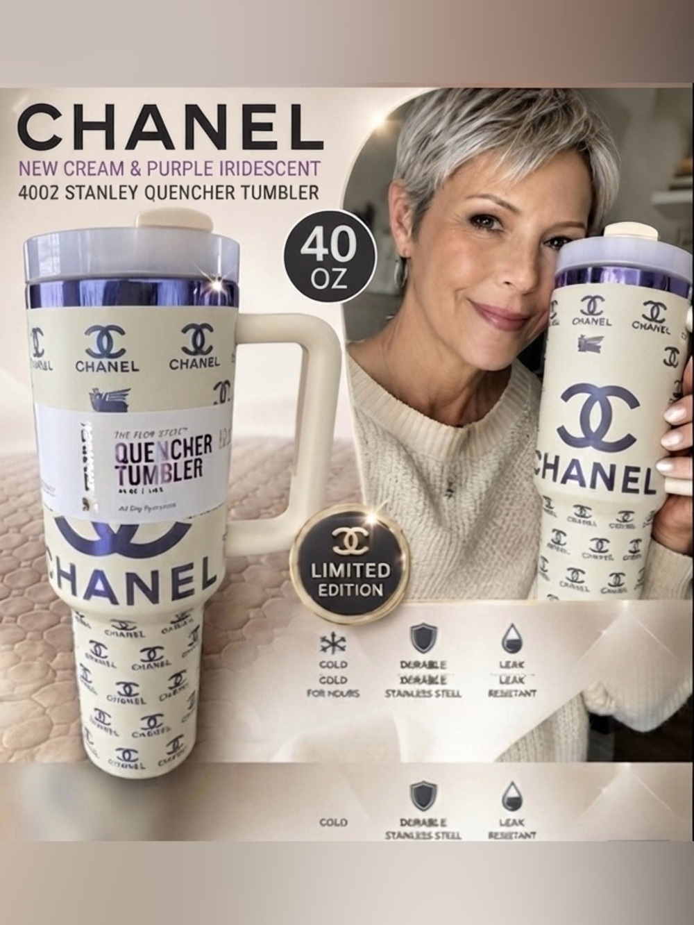 CHANEL Stanley NIB Cream &
Purple Iridescent Logo 40oz Thirst
Quencher Tumbler